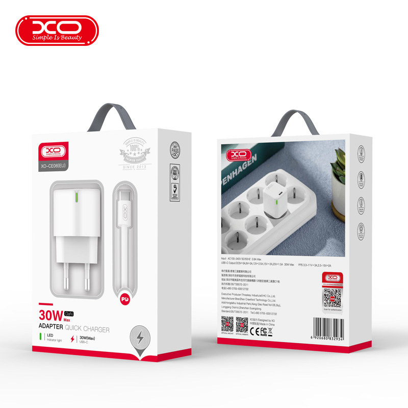 XO �adowarka sieciowa CE06 PD 30W 1x USB-C bia�a + kabel USB-C - USB-C / 2