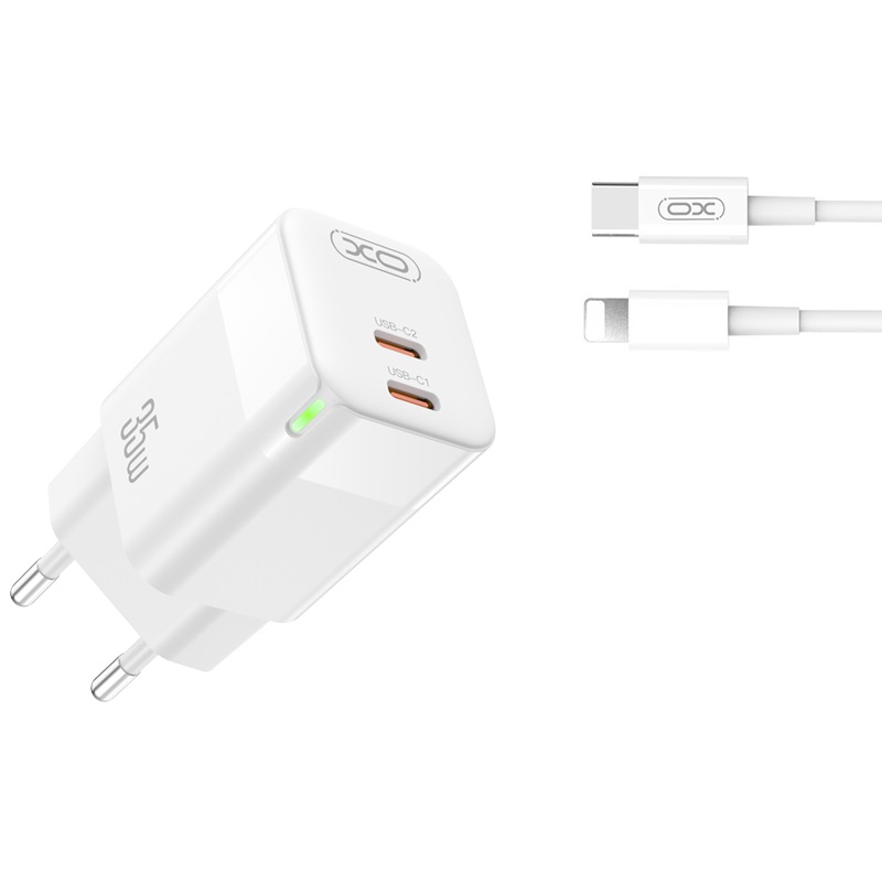 XO �adowarka sieciowa CE07 PD 35W 2x USB-C bia�a + kabel USB-C - Lightning