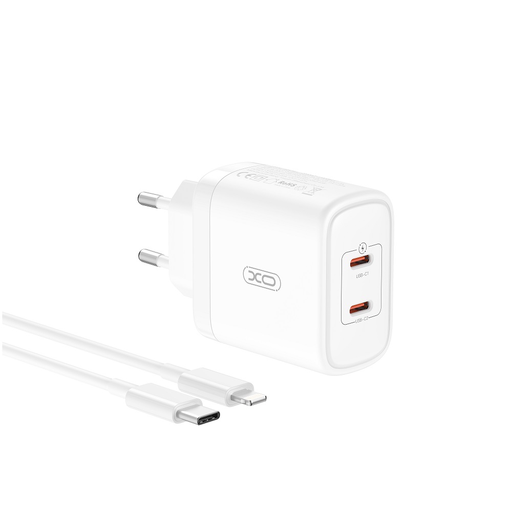 XO �adowarka sieciowa CE08 PD 50W 2x USB-C bia�a + kabel USB-C - Lightning