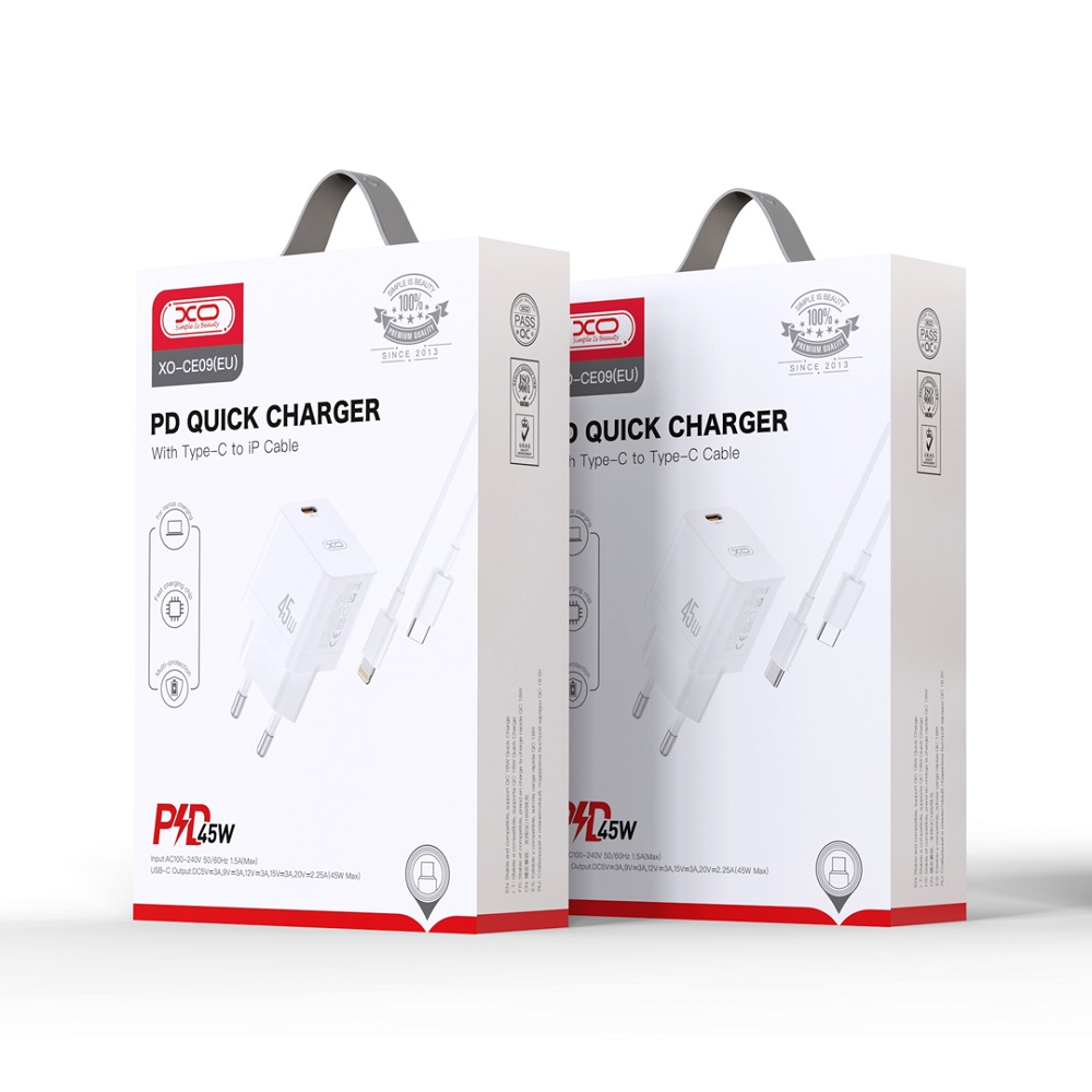 XO �adowarka sieciowa CE09 PD 45W 1x USB-C bia�a + kabel USB-C - USB-C / 5