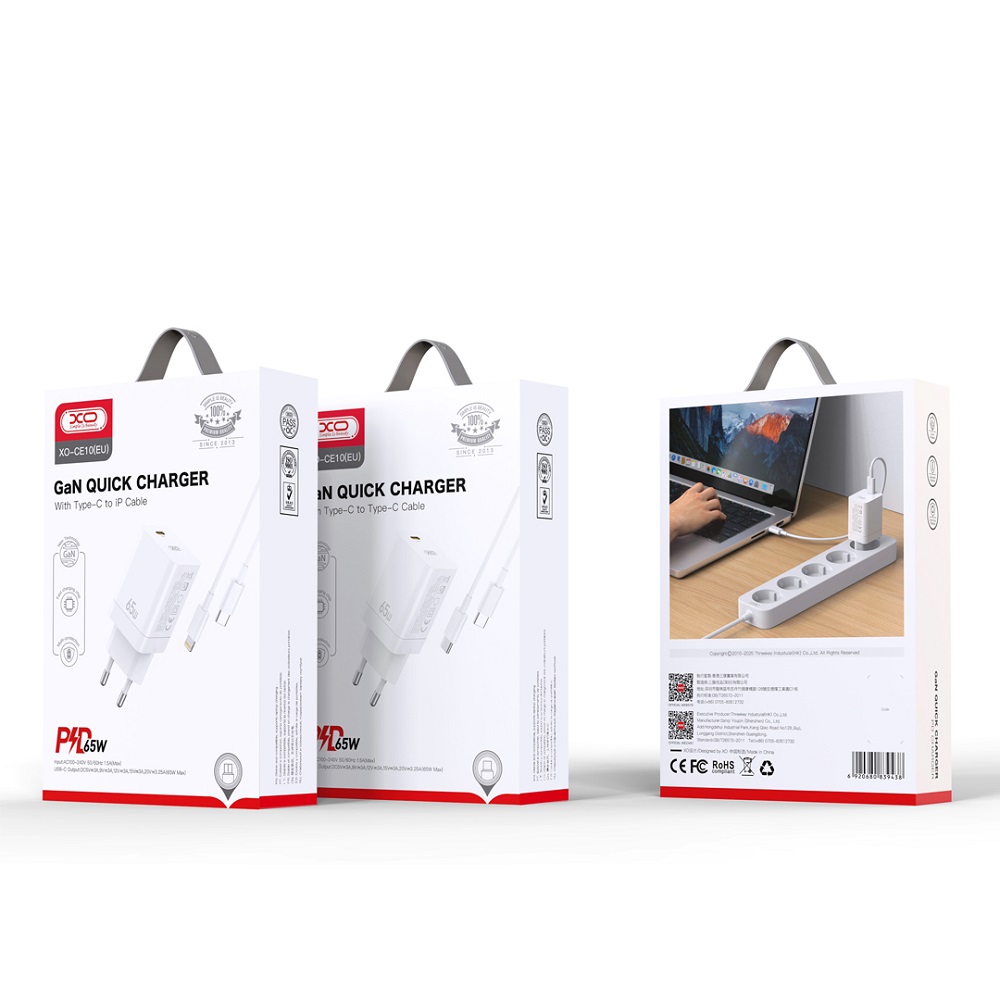XO �adowarka sieciowa CE10 PD 65W 1x USB-C bia�a + kabel USB-C - USB-C / 3