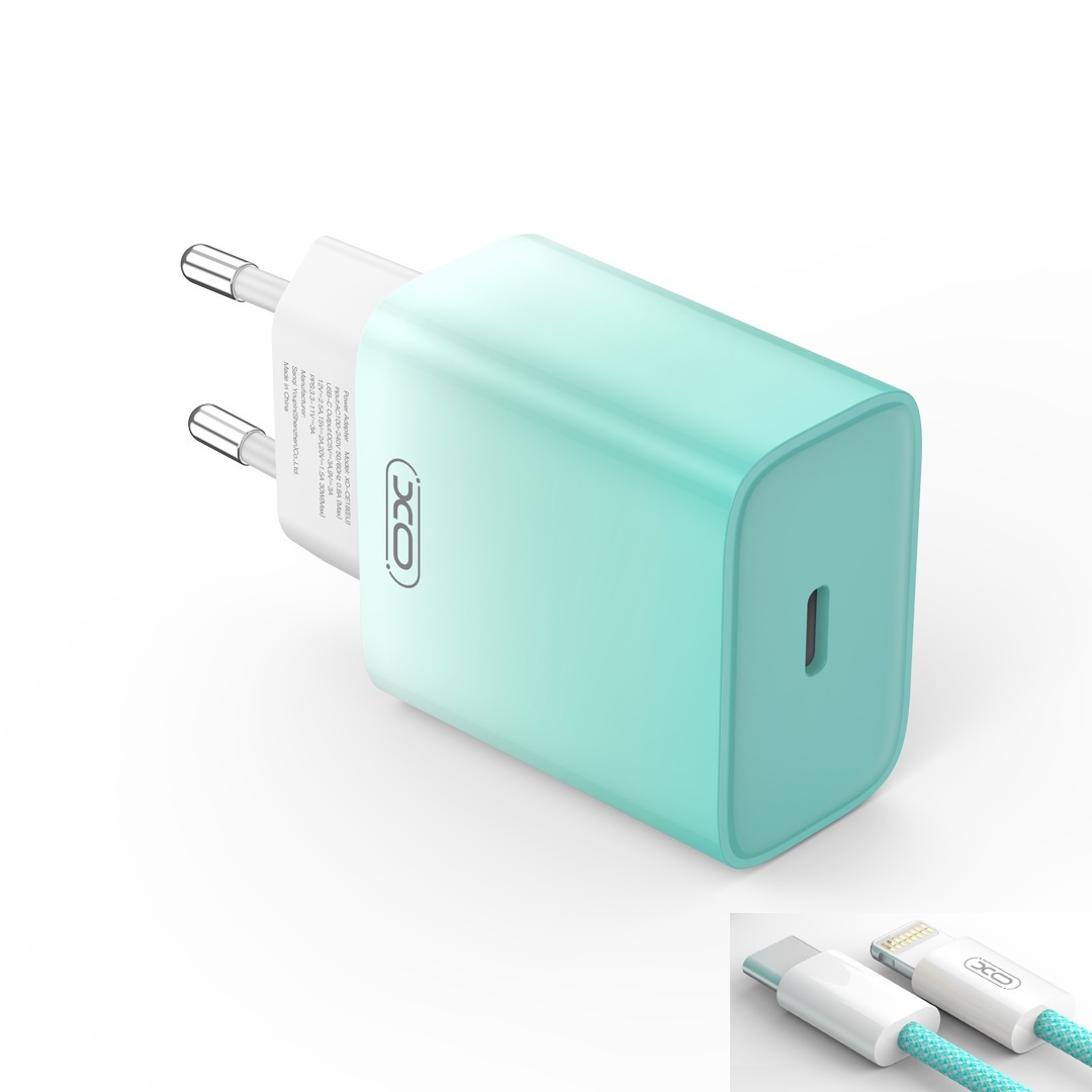 XO �adowarka sieciowa CE18 PD 30W 1x USB-C niebiesko-bia�a + kabel USB-C - Lightning