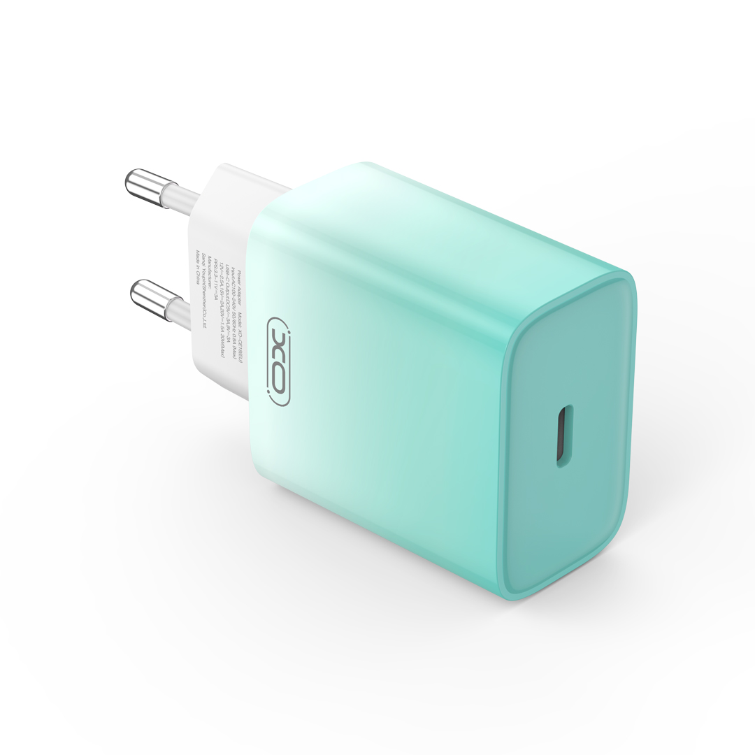 XO adowarka sieciowa CE18 PD 30W 1x USB-C niebiesko-biaa + kabel USB-C - Lightning / 2