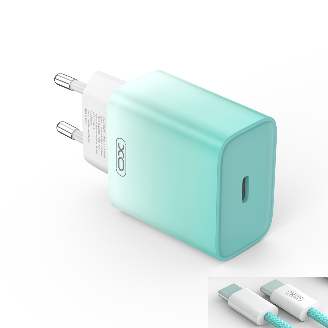 XO adowarka sieciowa CE18 PD 30W 1x USB-C niebiesko-biaa + kabel USB-C - USB-C
