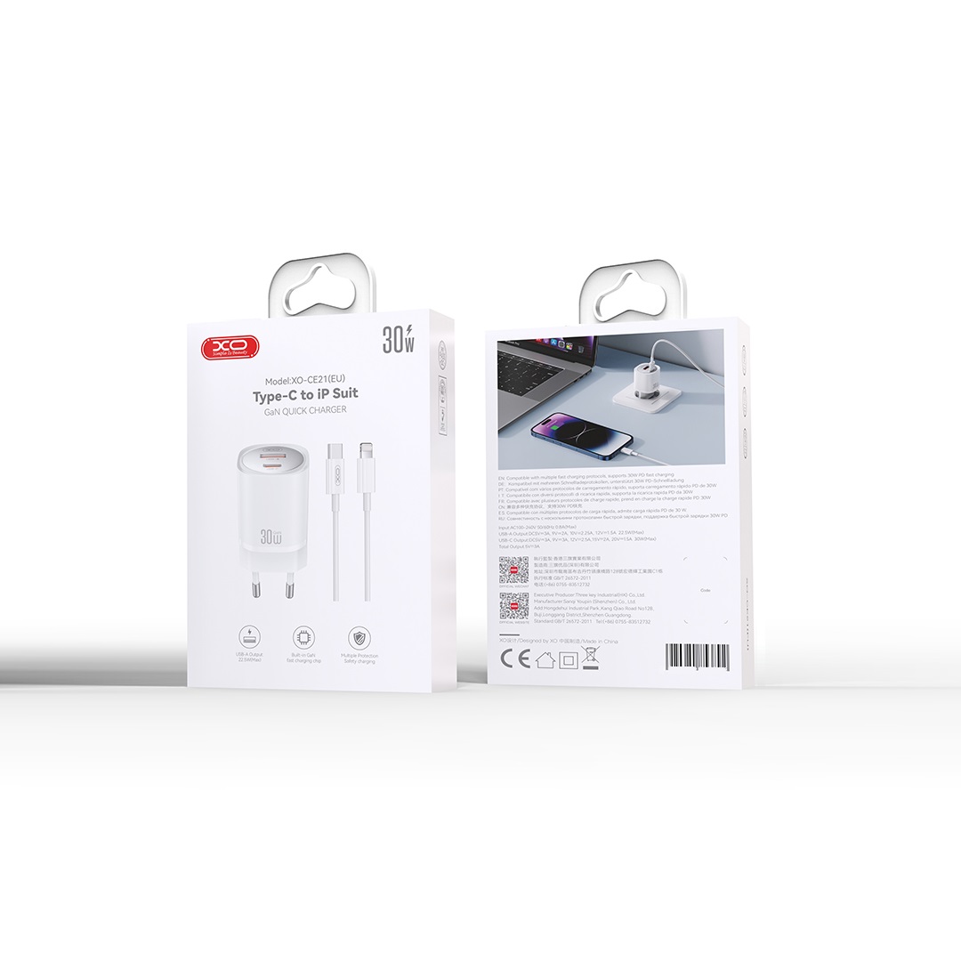 XO �adowarka sieciowa CE21 PD 33W 1x USB-C 1x USB bia�a + kabel USB-C - Lightning / 4