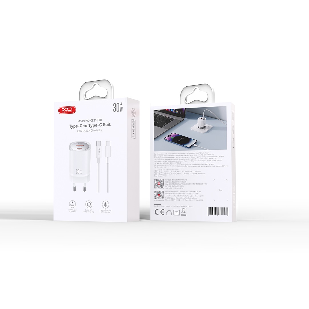 XO �adowarka sieciowa CE21 PD 33W 1x USB-C 1x USB bia�a + kabel USB-C - USB-C / 4
