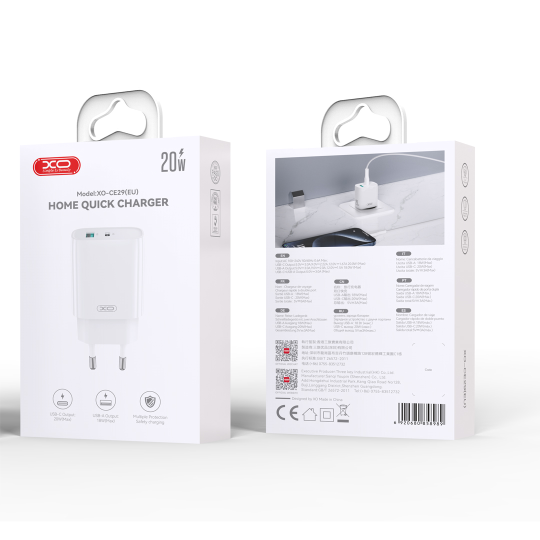 XO �adowarka sieciowa CE29 PD 20W 1x USB-C 1x USB bia�a / 6