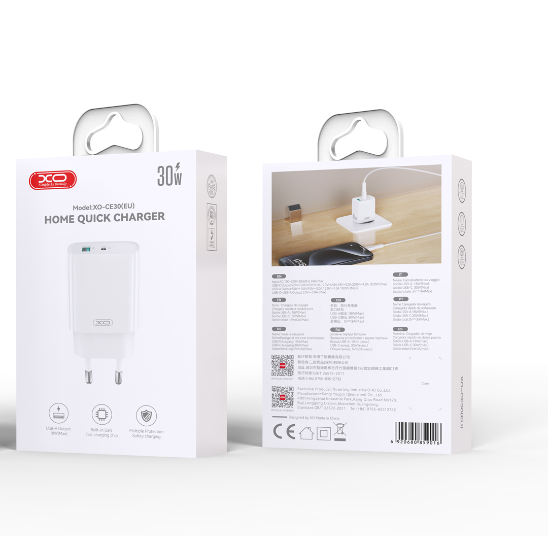 XO �adowarka sieciowa CE30 PD 30W 1x USB-C 1x USB bia�a / 6
