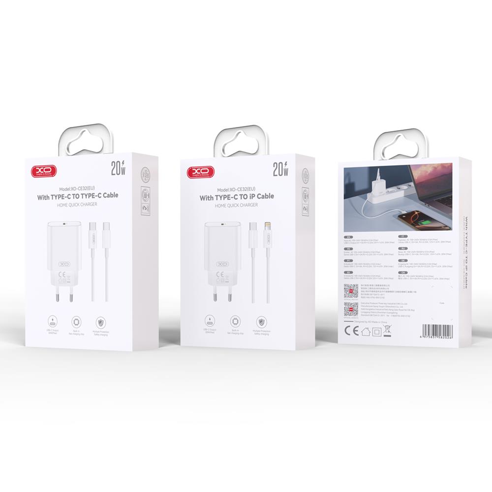 XO �adowarka sieciowa CE32 PD 20W 1x USB-C bia�a + kabel USB-C - Lightning / 3