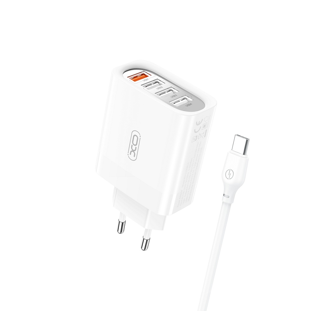 XO �adowarka sieciowa L100 QC 3.0 4x USB bia�a + kabel USB-C