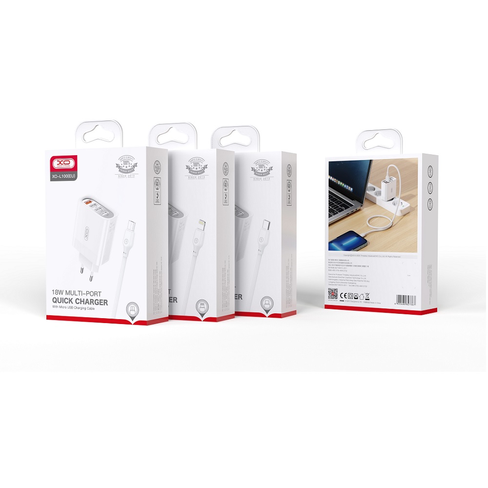 XO �adowarka sieciowa L100 QC 3.0 4x USB bia�a + kabel USB-C / 2