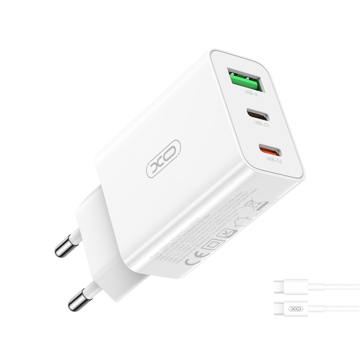 XO �adowarka sieciowa L101 PD QC 2x USB-C 1x USB bia�a + kabel USB-C - USB-C