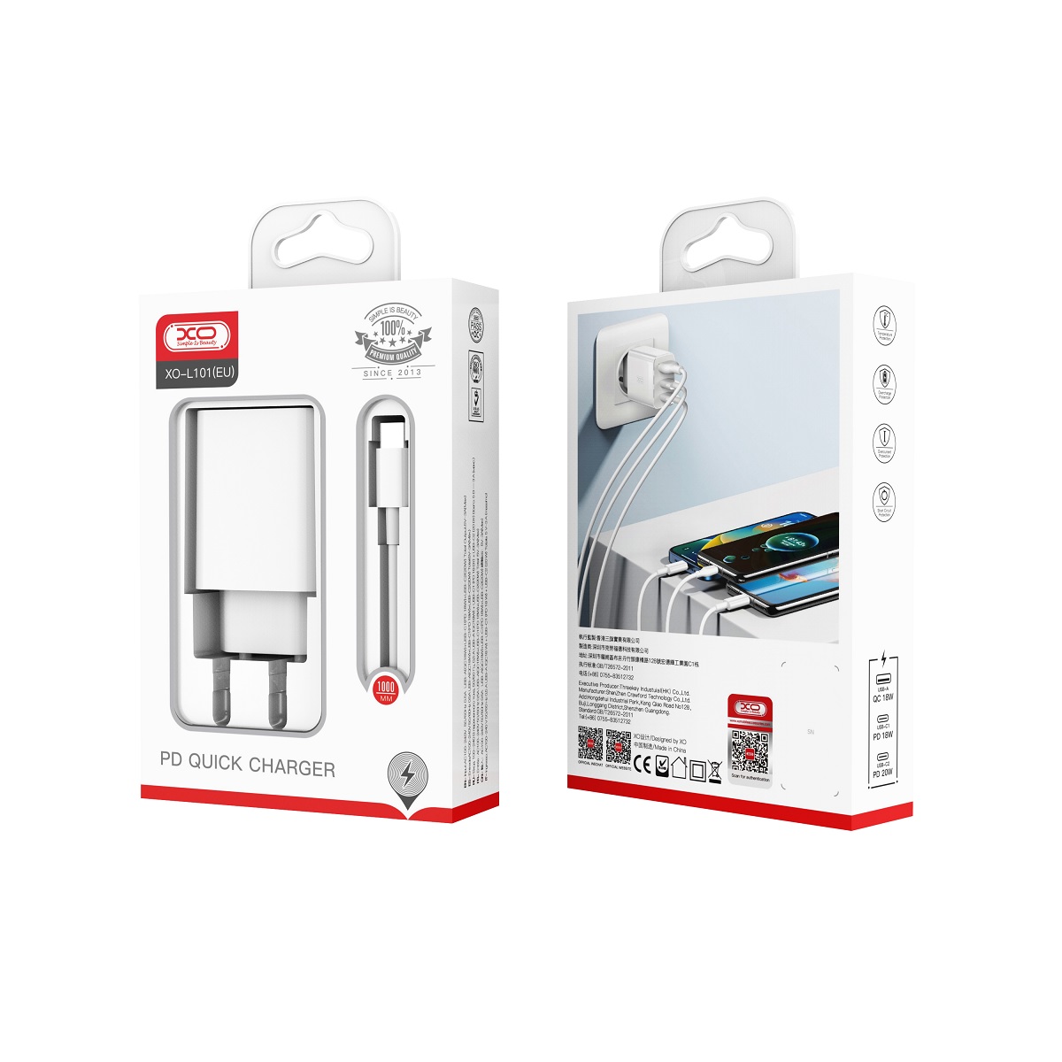 XO �adowarka sieciowa L101 PD QC 2x USB-C 1x USB bia�a + kabel USB-C - USB-C / 2