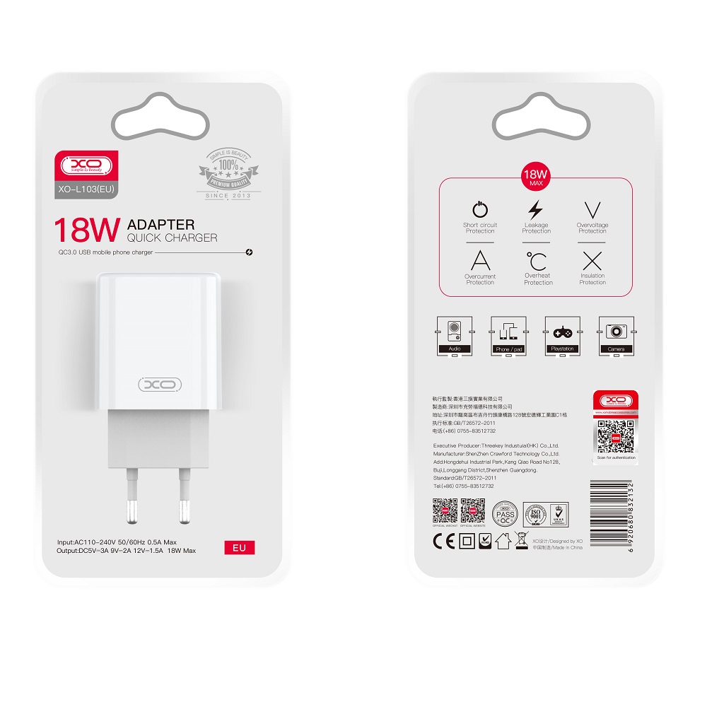 XO �adowarka sieciowa L103 QC 3.0 18W 1x USB bia�a / 2