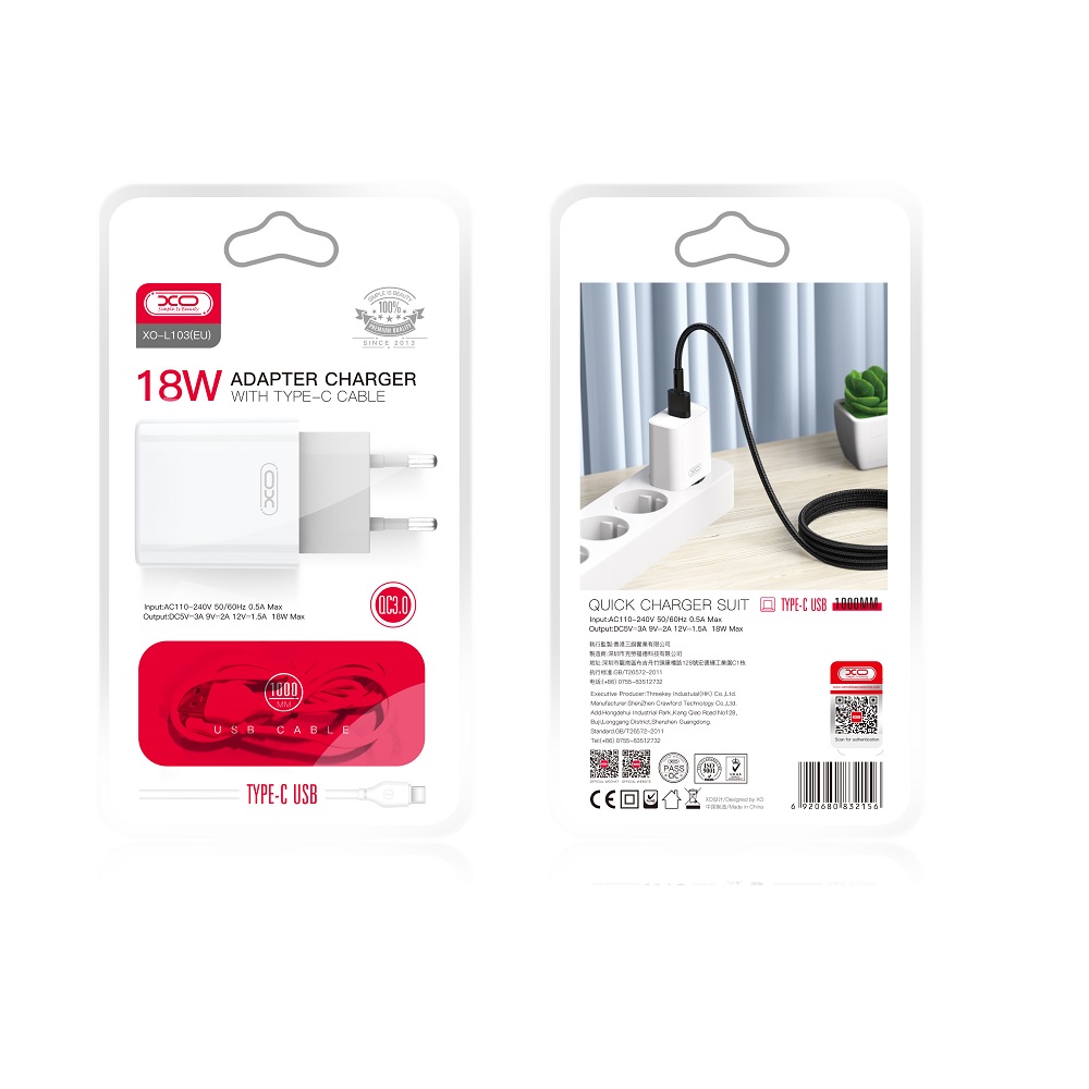 XO �adowarka sieciowa L103 QC 3.0 18W 1x USB bia�a + kabel Lightning / 2