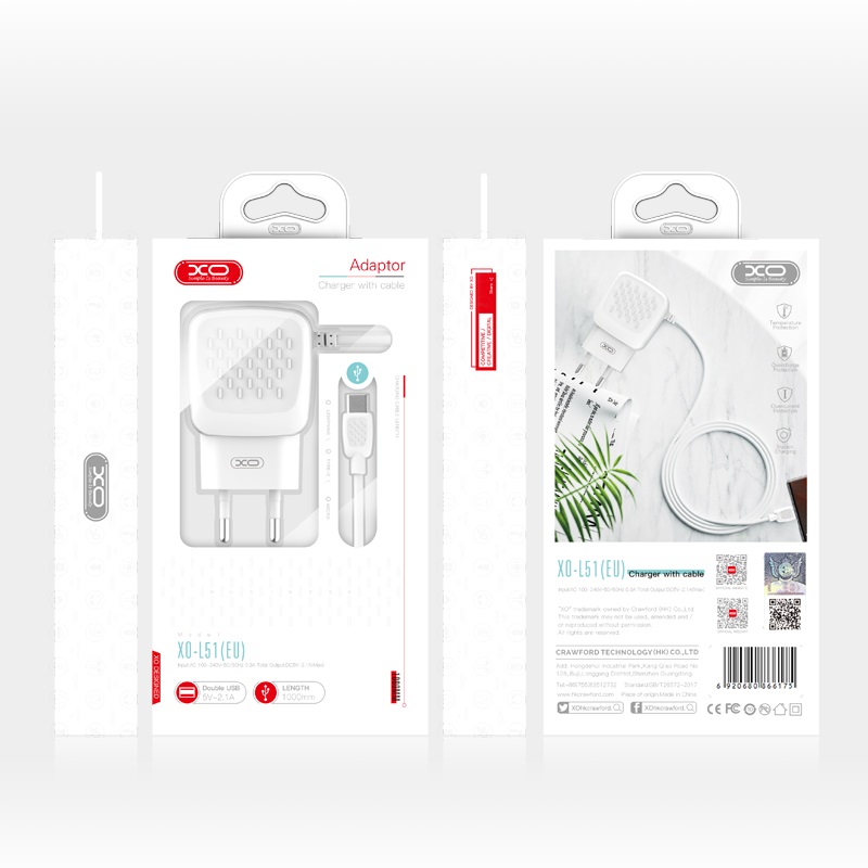 XO �adowarka sieciowa L51 plus kabel micro bia�a 2USB 2,1A