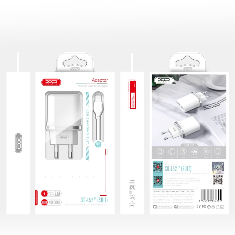 XO �adowarka sieciowa L52 plus kabel typ-c bia�a 2USB 2,1A / 2
