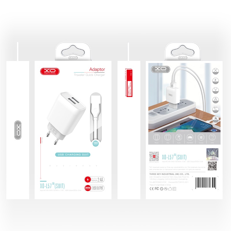 XO �adowarka sieciowa L57 plus kabel 8-pin bia�a 2USB 2,4A / 2