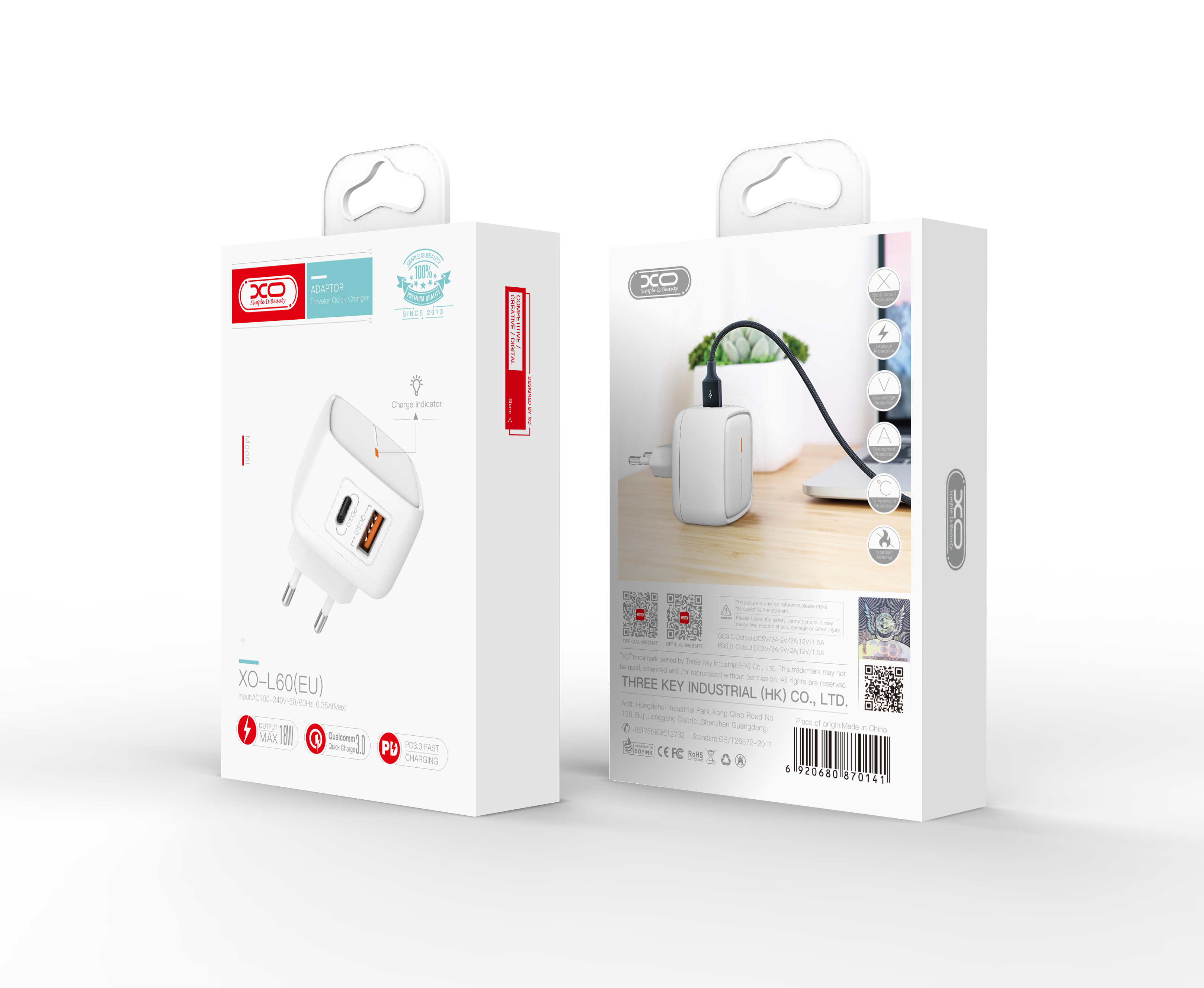 XO �adowarka sieciowa L60 bia�a 2USB QC3.0/ typ-C PD / 2