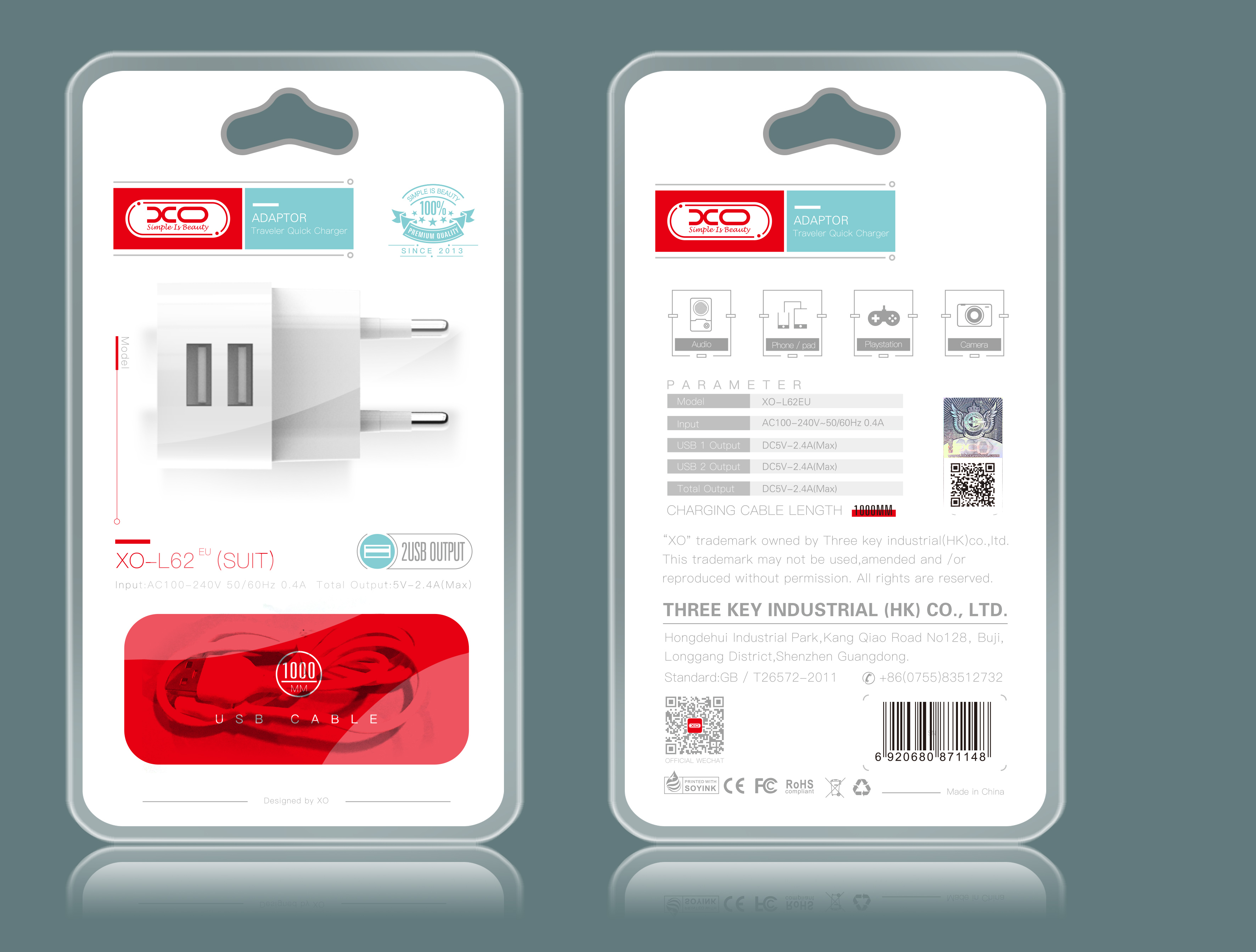 XO �adowarka sieciowa L62 plus kabel micro bia�a 2USB 2,4A / 2