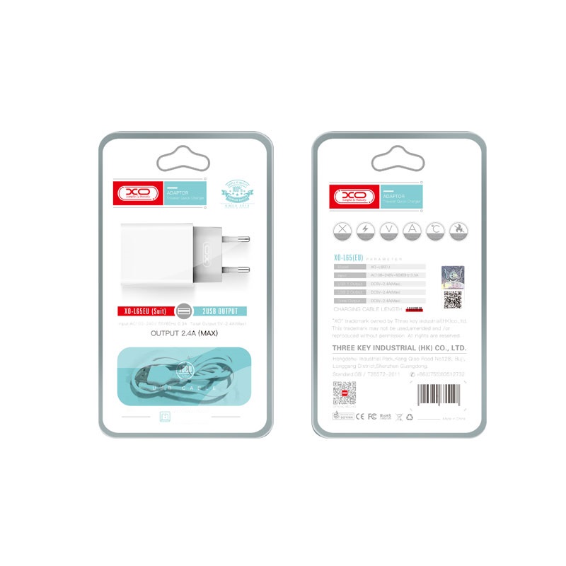 XO �adowarka sieciowa L65 plus kabel typ-C bia�a 2USB 2,4A / 2