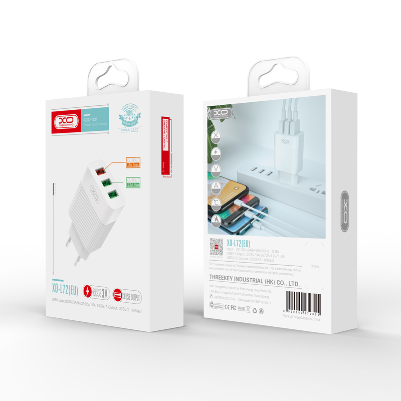 XO �adowarka sieciowa L72 bia�a 3USB QC +  2,1A / 2