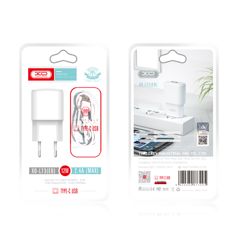 XO �adowarka sieciowa L73 plus kabel typ-C bia�a 1USB 2,4A / 2