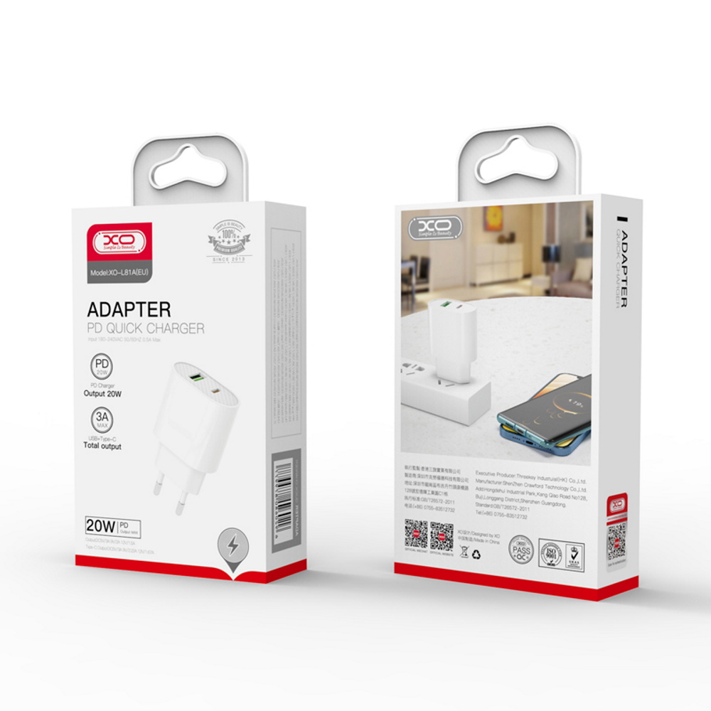 XO �adowarka sieciowa L81A PD QC 3.0 3A 1x USB 1x USB-C bia�a / 3