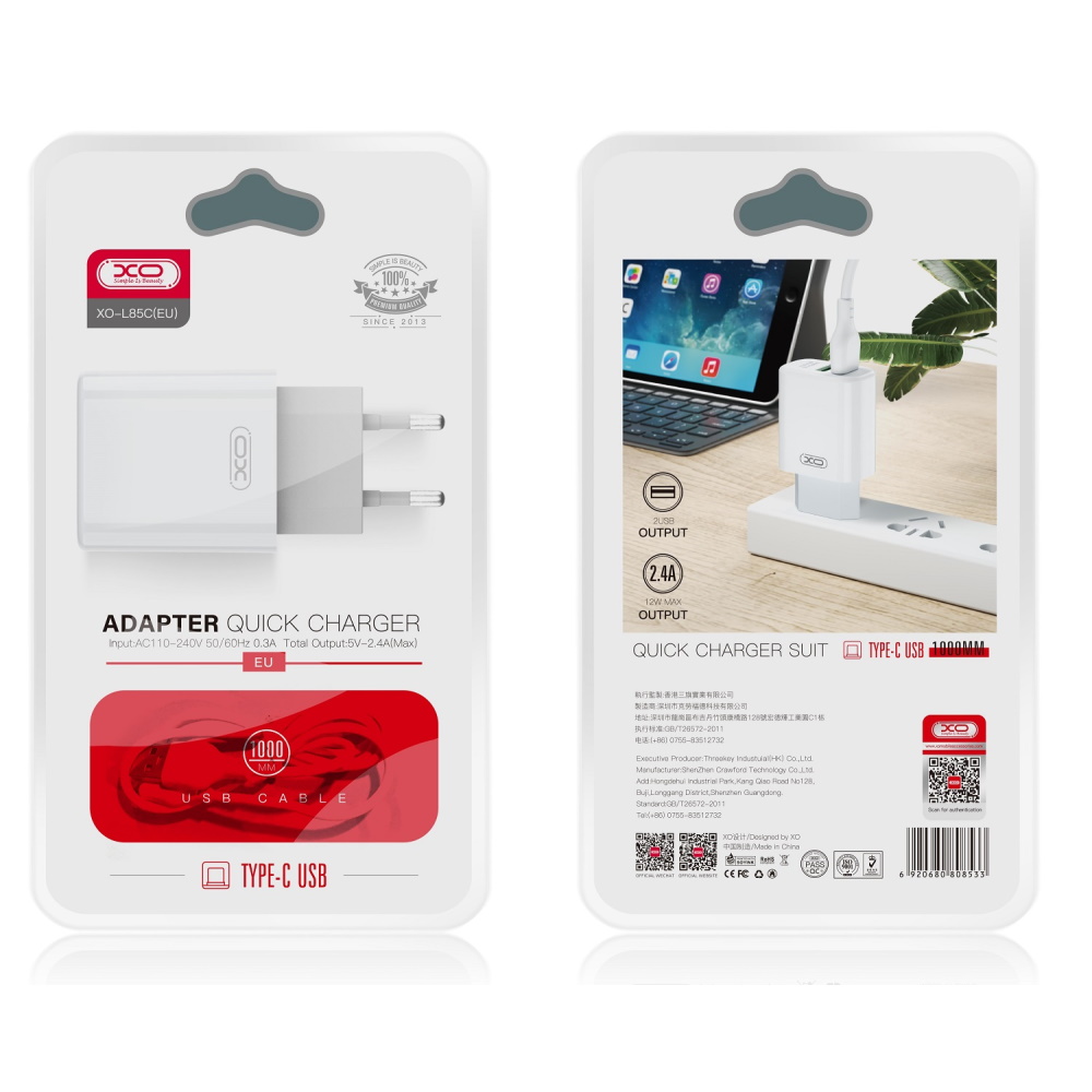 XO �adowarka sieciowa L85C 2x USB 2,4A bia�a + kabel USB-C / 6