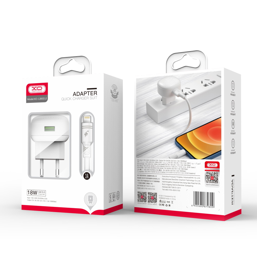 XO �adowarka sieciowa L86 QC 3.0 18W 1x USB bia�a + kabel microUSB / 3