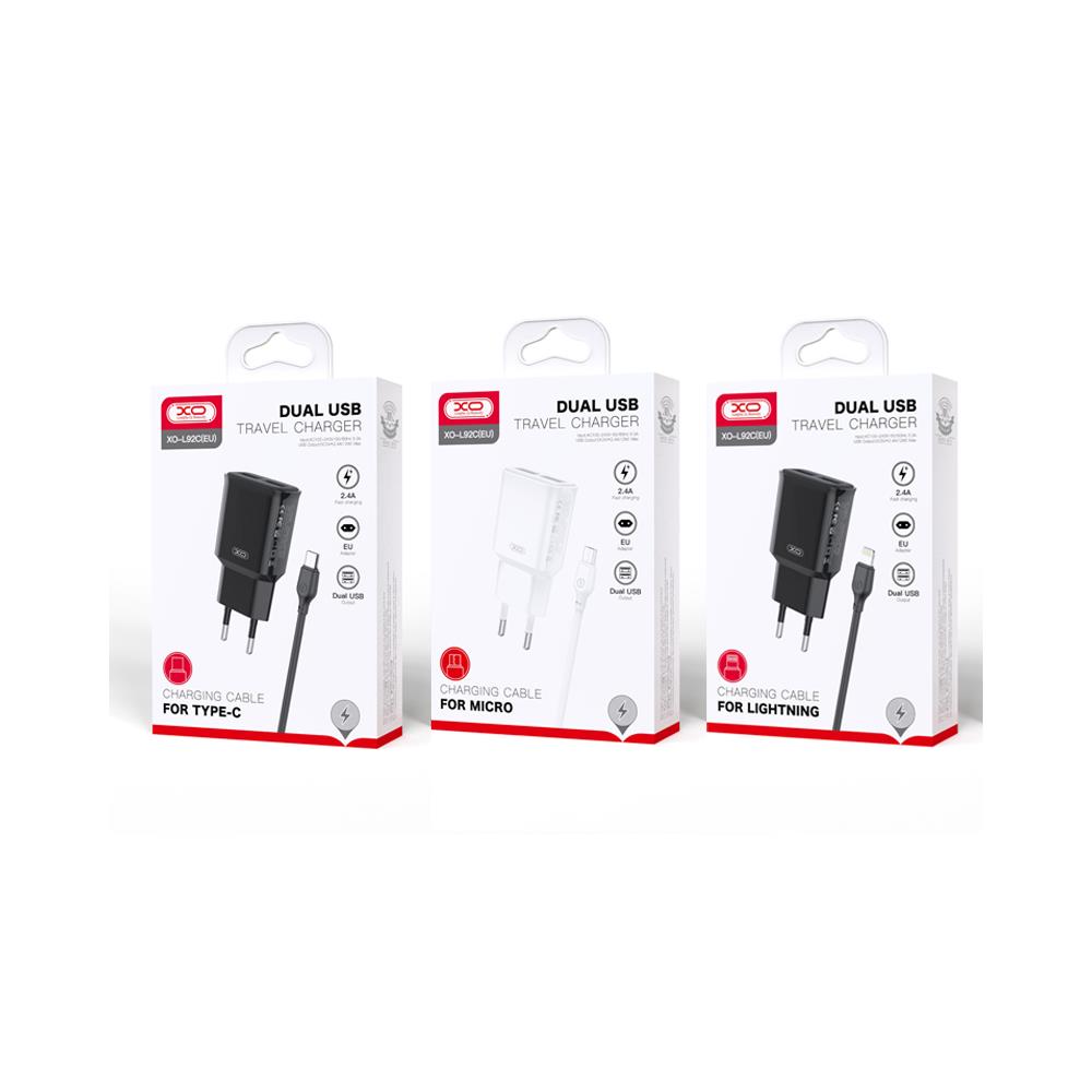 XO adowarka sieciowa L92C 2x USB 2,4A czarna + kabel Lightning / 4
