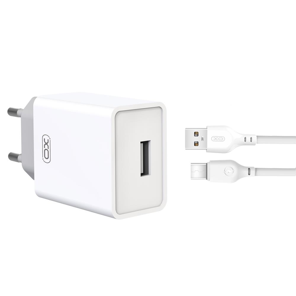 XO �adowarka sieciowa L93 1x USB 2,4A bia�a + kabel USB-C