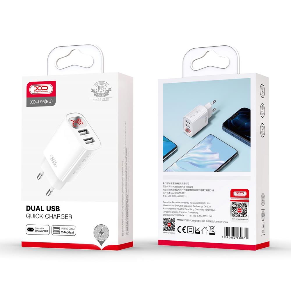 XO �adowarka sieciowa L95 2x USB 2,4A bia�a z wy�wietlaczem / 3