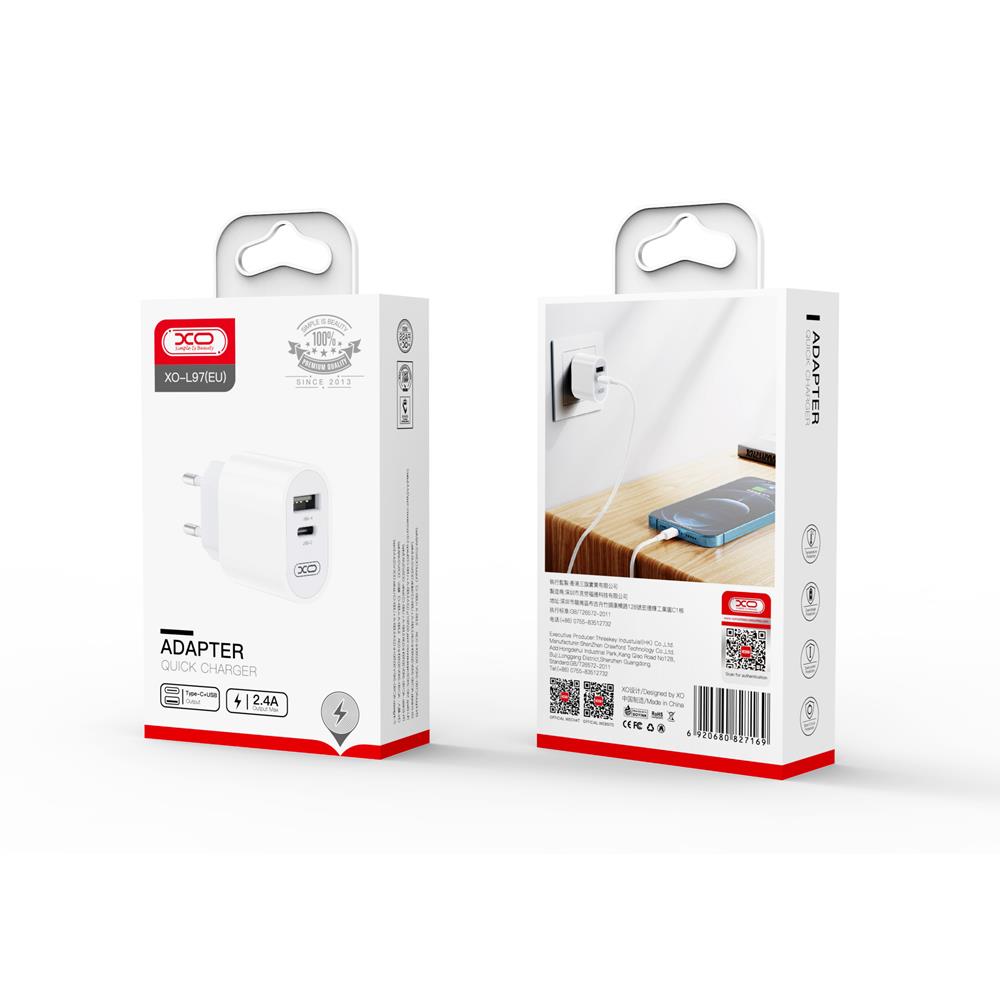 XO �adowarka sieciowa L97 1x USB 1x USB-C 2,4A bia�a / 4