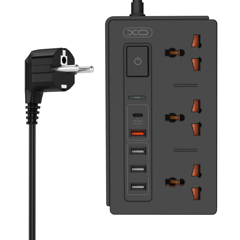 XO przed�u�acz �adowarka sieciowa WL06 PD QC 3.0 czarna 1,8m 1x USB-C 4x USB 10A 2300W MAX