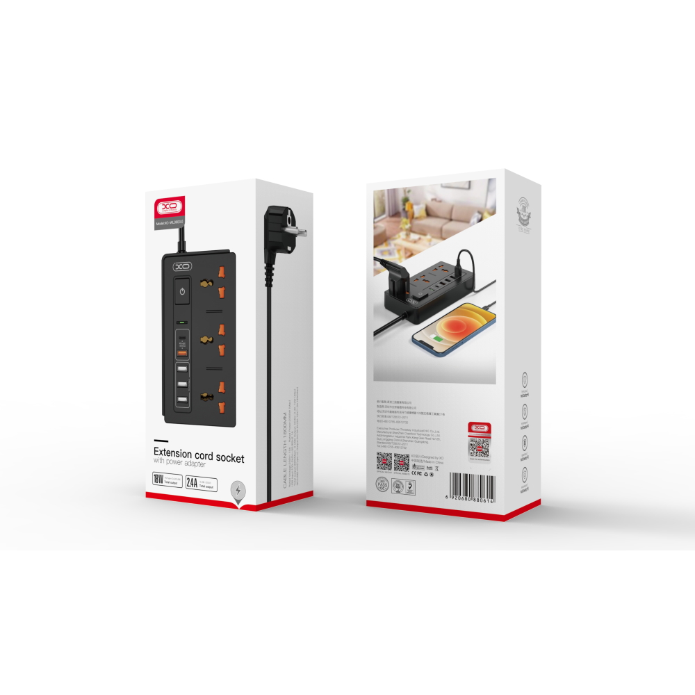 XO przed�u�acz �adowarka sieciowa WL06 PD QC 3.0 czarna 1,8m 1x USB-C 4x USB 10A 2300W MAX / 7