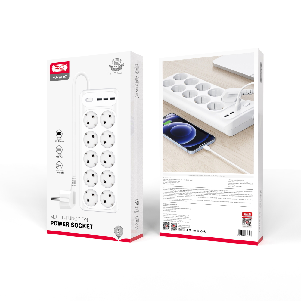 XO przed�u�acz �adowarka sieciowa WL07 bia�a 2,0 m 3x USB 16A 4000W MAX / 5