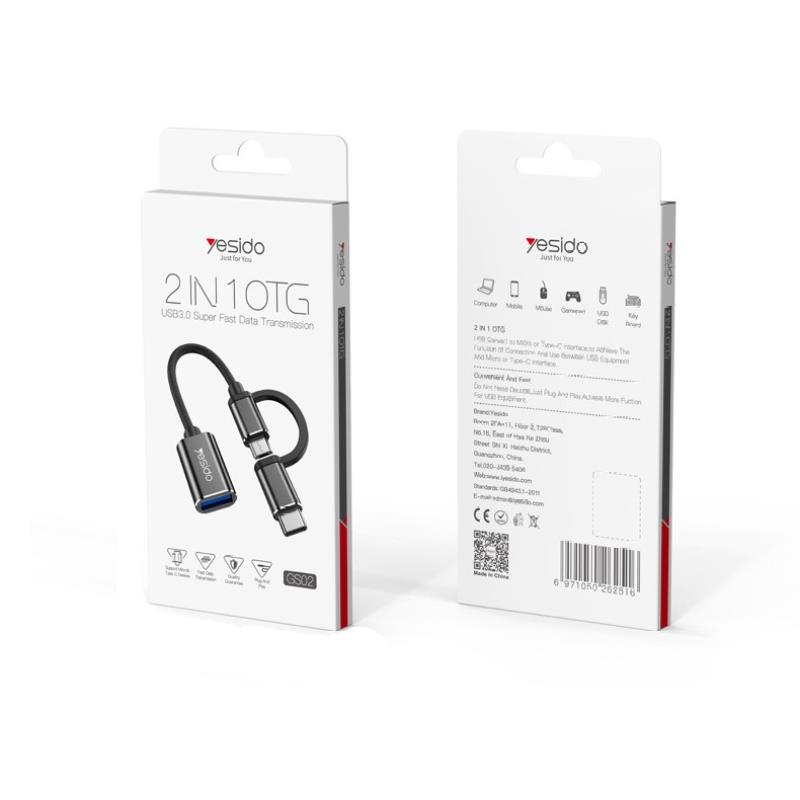 Yesido Adapter OTG GS02 2w1 Type-C/Micro Male - USB Female, 10cm, BLACK / CZARNY / 2
