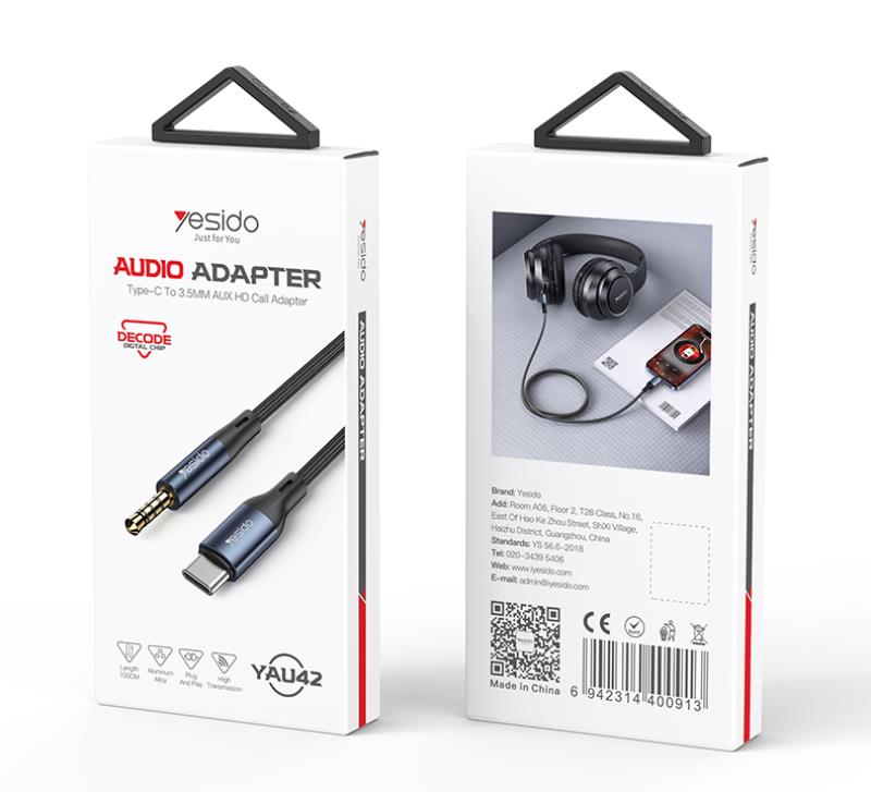 Yesido Kabel Audio YAU42 Type-C - 3.5mm Aux Male, 1m, BLACK / CZARNY / 2