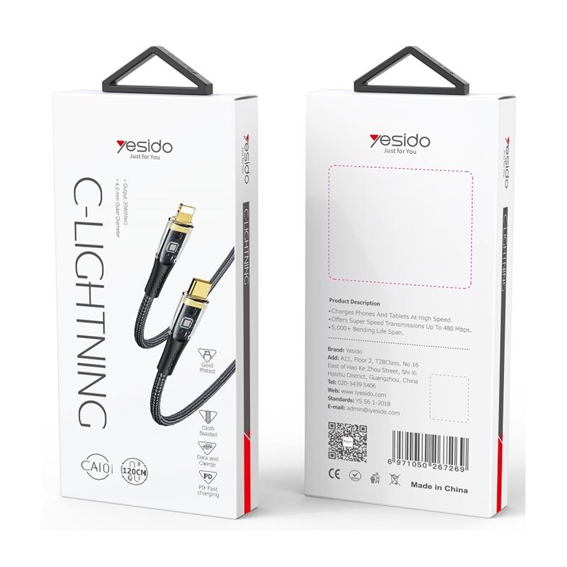 Yesido Kabel CA101 PD 20W Type-C/Lightning 1.2m PVC 3A, BLACK / CZARNY / 2