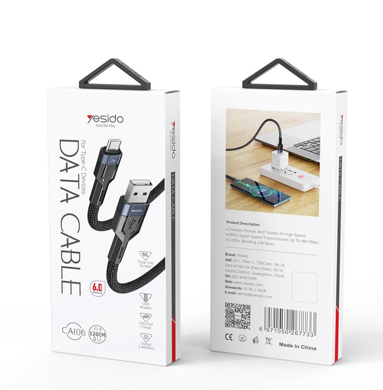 Yesido Kabel CA106 18W USB-Type-C 1.2m 2A, BLACK / CZARNY / 2