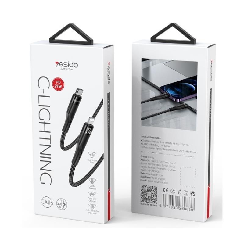 Yesido Kabel CA115 PD 27W Type-C/Lightning 3m 1.67A, BLACK / CZARNY / 2