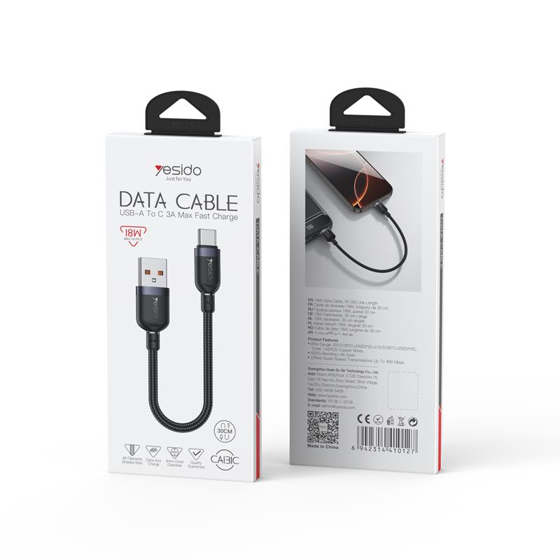 Yesido Kabel CA131C 18W USB-Type-C 0.3m 2.4A, BLACK / CZARNY / 2