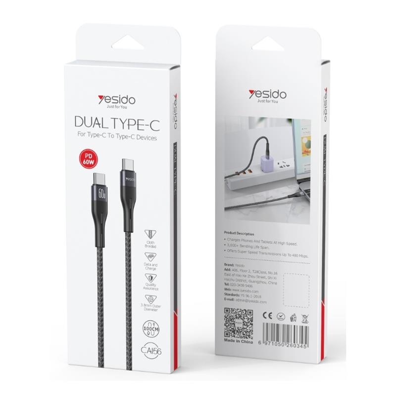 Yesido Kabel CA156 PD 60W Type-C/Type-C 1m 3A, BLACK / CZARNY / 2