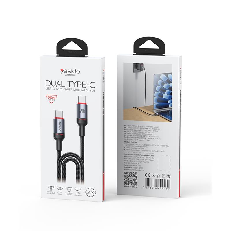 Yesido Kabel CA186 240W Type-C/Type-C 2m 5A, BLACK / CZARNY / 2