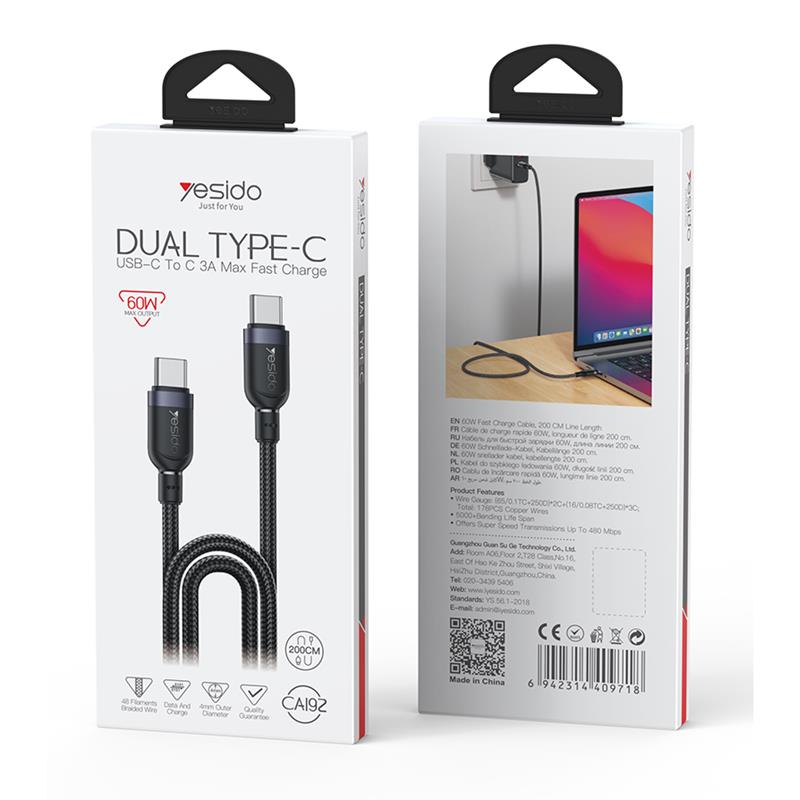 Yesido Kabel CA192 60W Type-C/Type-C 2m 3A, BLACK / CZARNY / 2
