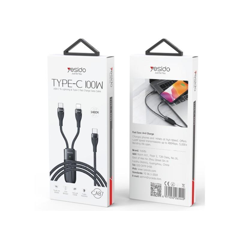 Yesido Kabel CA87 Type-C-2w1 100W 1.4m, BLACK / CZARNY / 2
