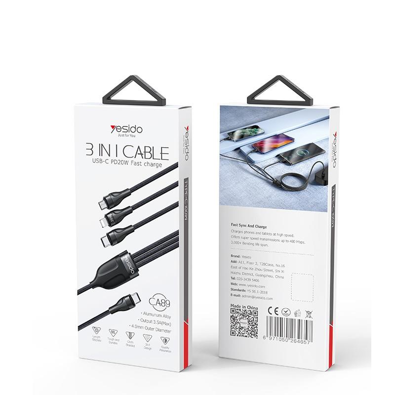 Yesido Kabel CA89 Type-C-3w1 PD 20W 1.2m 3.5A, BLACK / CZARNY / 2