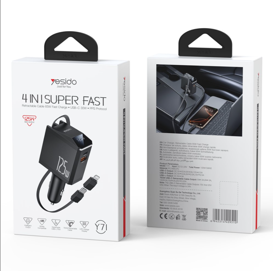 yesido �ad. sam. Y71 125W Fast Charging 4w1 LED + Kabel 65W C+iP, BLACK / CZARNY