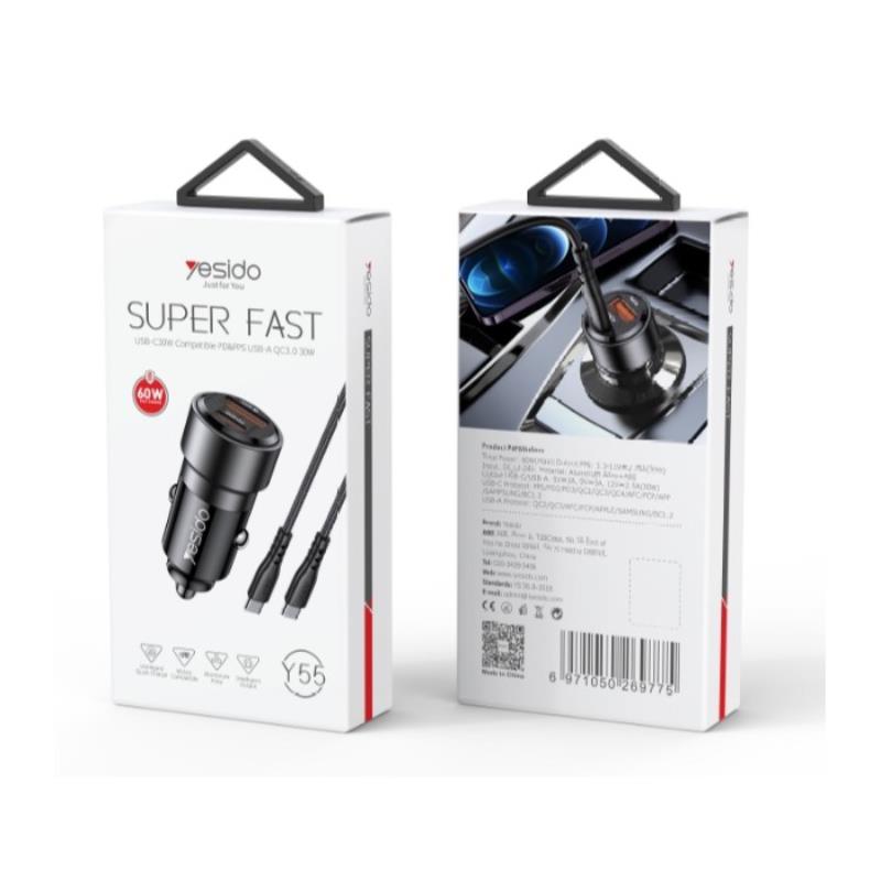 Yesido �adowarka samochodowa Y55 60W QC3.0 USB-A+C + Kabel 60W Type-C - Type-C , BLACK / CZARNY / 2